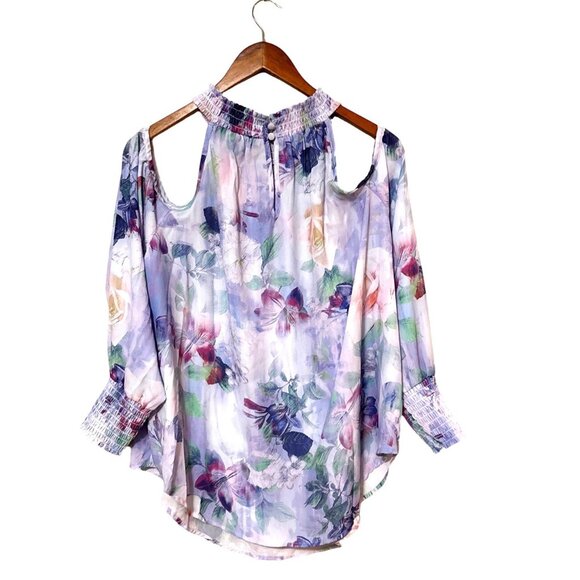 Torrid Floral Cold Shoulder Blouse 1X  Chiffon Pastel Purple Pink Green - Picture 2 of 5